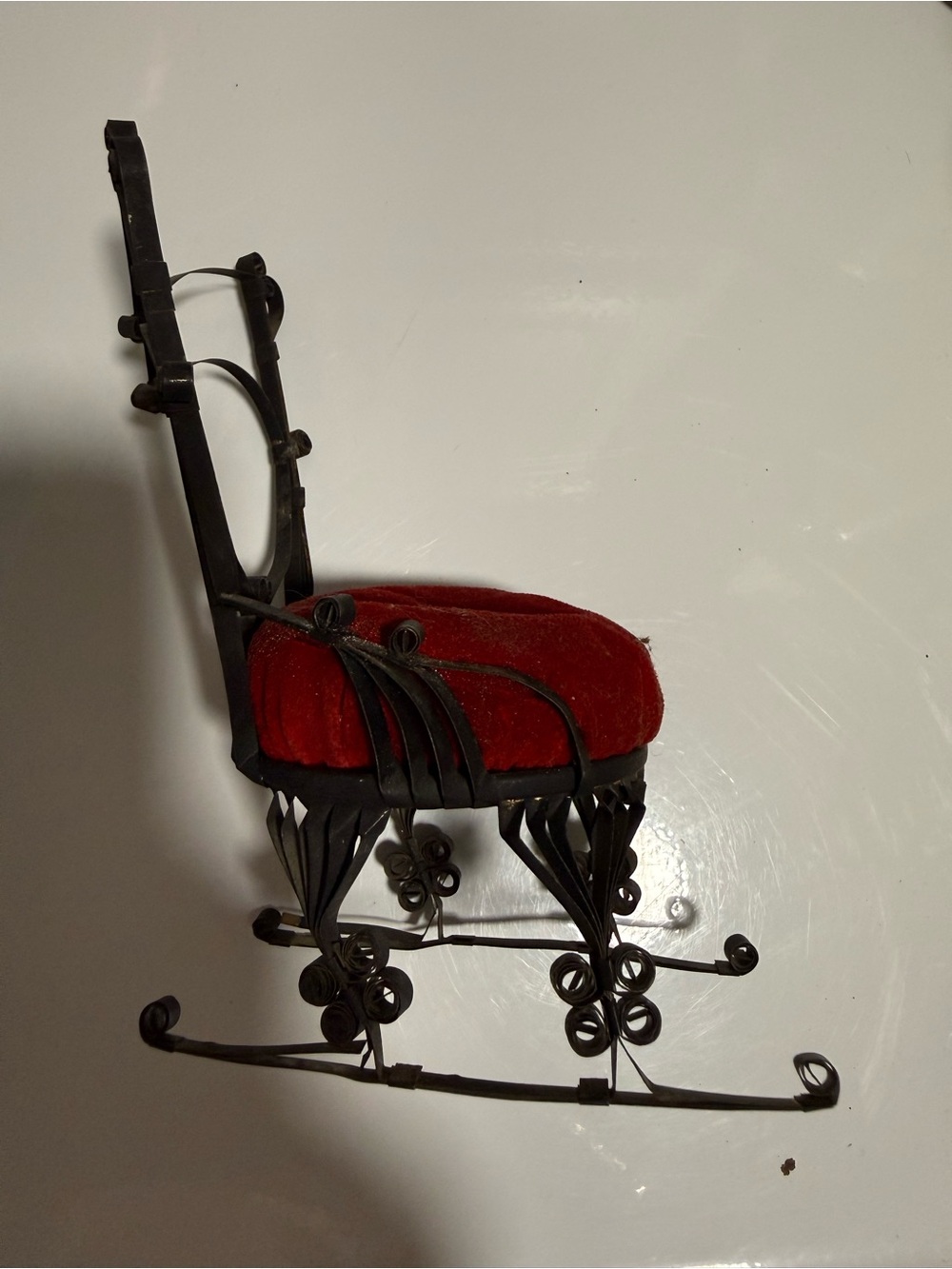 Vintage Tin Can Folk Art Tramp Art Velvet Seat Pin Cushion Gothic Black and Red